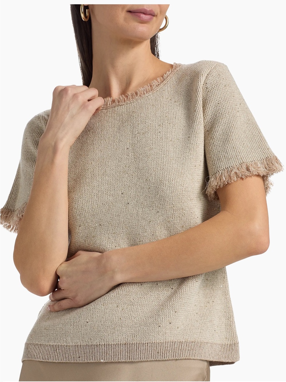 New Kobi Halperin Kate Fray-Trim Short-Sleeve Linen-Blend Sweater